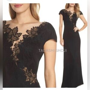 Tadashi shoji black gown lace nude illusion cap sleeves 16 XL SHORT